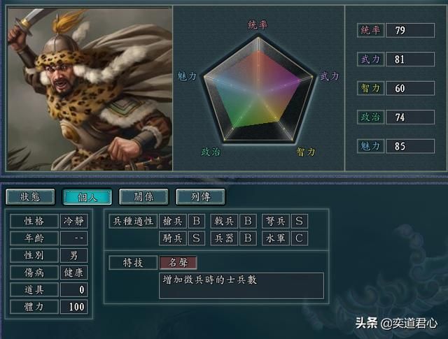 三国志11武将DIY数据一览（北方四大部落首领DIY属性分析）