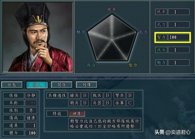 三国志11：假如武将五维只有一项满分，其他都为1会怎么样？