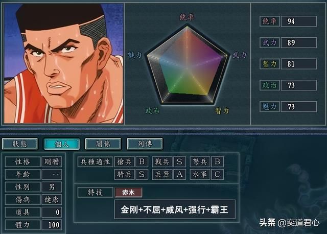 三国志11灌篮高手武将DIY分享（湘北五虎属性特技设计一览）