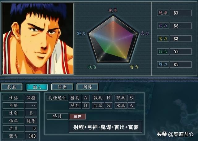 三国志11灌篮高手武将DIY分享（湘北五虎属性特技设计一览）