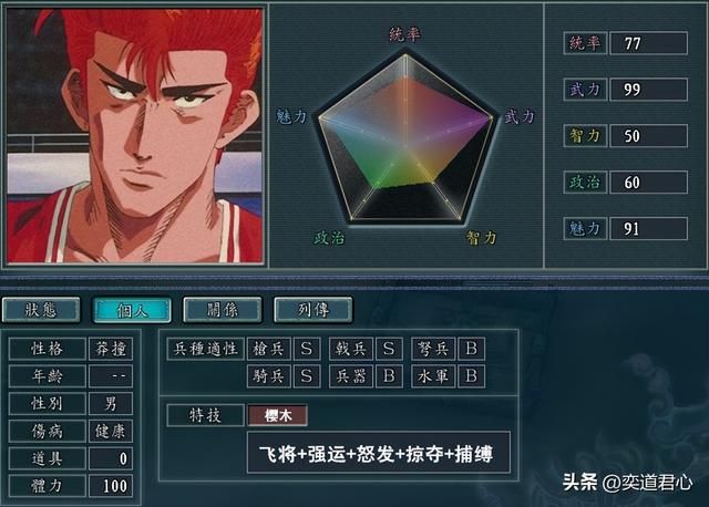 三国志11灌篮高手武将DIY分享（湘北五虎属性特技设计一览）