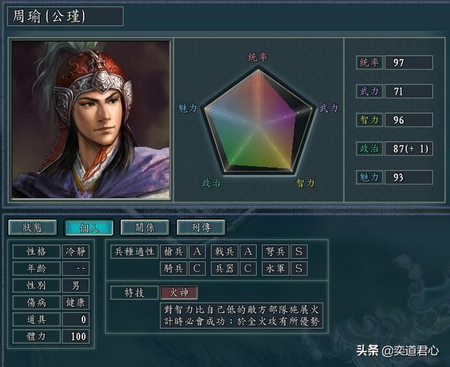 三国志11武将周瑜实力如何（孙吴周瑜属性特技详细介绍）