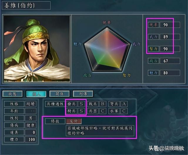 三国志系列1代到14代，全能姜维比能打的智力高，比智力高的能打