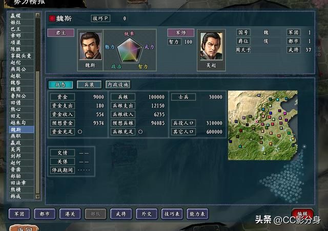 三国志11战国七雄：盘点一下魏国势力综合实力