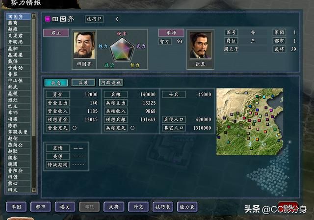 三国志11战国七雄：齐国势力的综合比较，临淄城还是富有呀