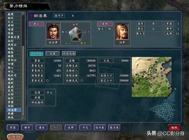 三国志11战国七雄：齐国势力的综合比较，临淄城还是富有呀